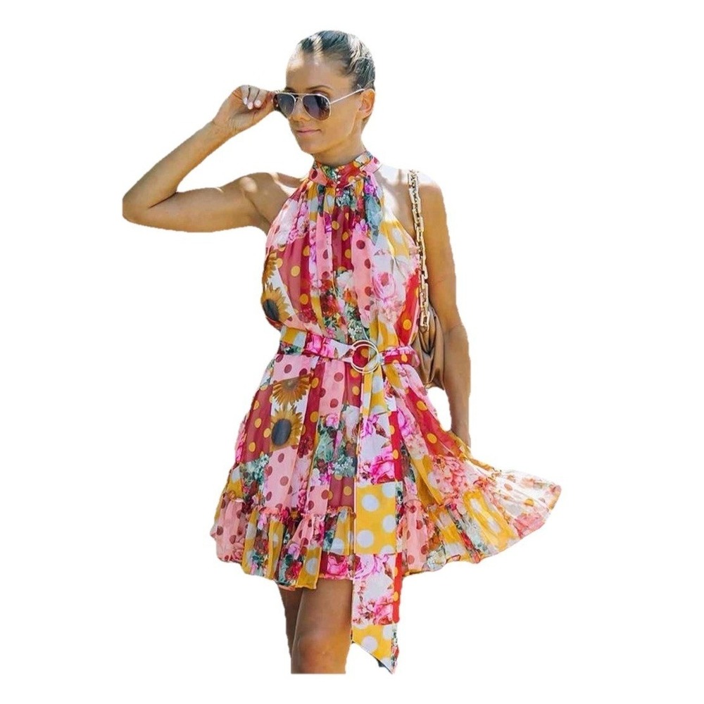 Mima & Co Fun Pink Yellow Floral Polka Dot Sleeveless Mini Dress- No Belt SZ M